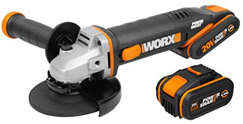 WORX WX803 Akku Winkelschleifer 20V -leicht mit Hilfsgriff - Leerlaufdrehzahl 8600/min - Scheibendurchmesser 125mm - Scheibewechsel ohne extra Werkzeug - mit 2 Akkus (2,0 & 4,0 Ah), Ladegerät & Koffer
