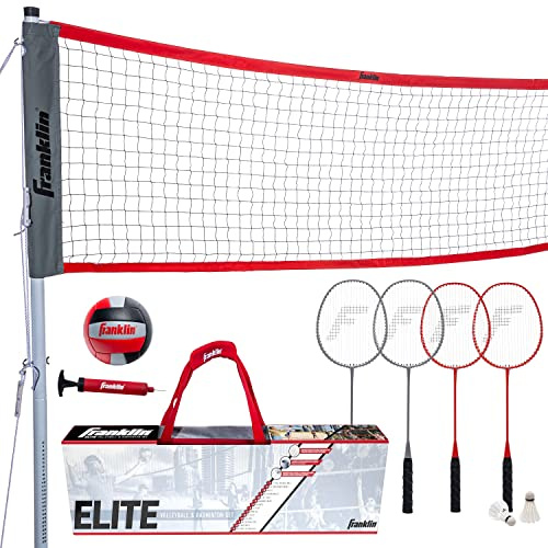 Franklin Sports Elite Badminton Volleyboll Combo Net Set - Inkluderar volleyboll, badmintonracketar, fåglar, stolpar/nät, pinnar, rep, gränssats - strand eller bakgård badminton - enkel installation