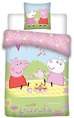 Peppa Pig 035 Linge de Lit Linge de Lit pour Enfants/Linge de Lit Bebe avec Amis Taie d'oreiller 40x60 + Litterie 100x135cm 100% Coton Oeko-Tex