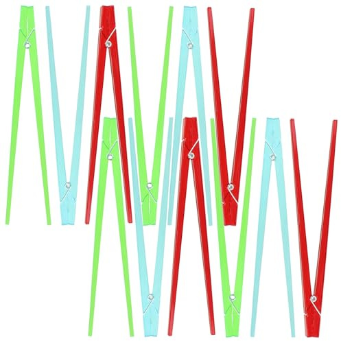 Set of 12 Plastic Chopsticks with Spring-Loaded Clothespin Design – Easy-to-Use Training Chopsticks in Red, Green, and Blue