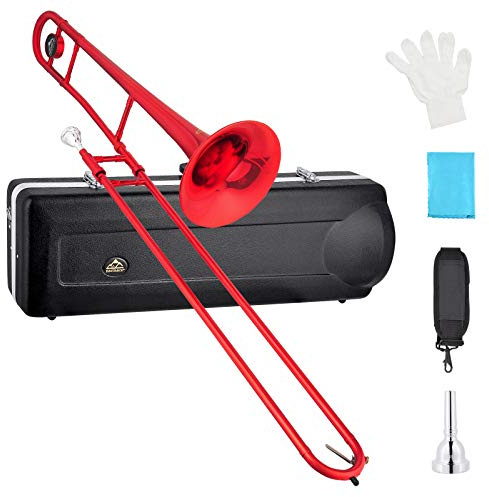 EASTROCK Bb Tenor Slide Trombone Brass Musical Instrument with Hard Case,Mouthpiece,Gloves,Cleaning Cloth for Beginners Standard Bell(7.87/200 mm),Red