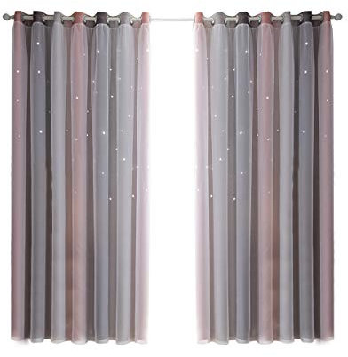 Nyescasa Verdunkelungs Vorhänge Doppelter Hohler Sterne Vorhänge Für Kinder Mädchen Schlafzimmer Bunte mit Voile Kinder Gardinen 1 Panel (Rosa 53 B x 106 H)