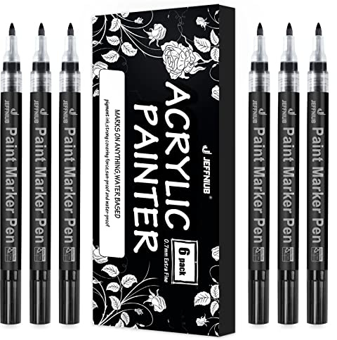 JEFFNIUB 6 Black Permanent Marker pens, Acrylic Paint Pens for Rock Painting, Glass, Ceramic, Stone, Fabric, Wood, Canvas, Pebbles, Craft, Writing and DIY Projects - Fine Point 0.7mm