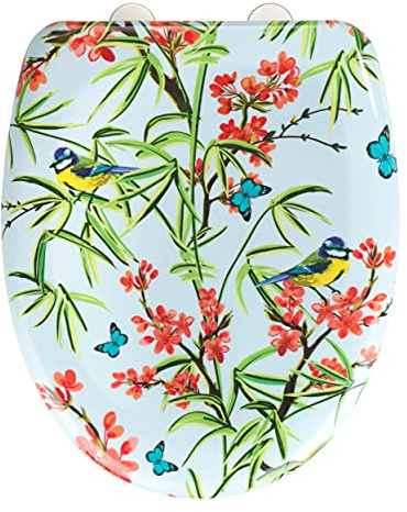 WENKO Abattant WC Natura, abattant WC avec Frein de Chute, Lunette WC en duroplastique antibactérien hygiénique et incassable, Fixation en Acier INOX, 38 x 45 cm, Motif Floral, Multicolore
