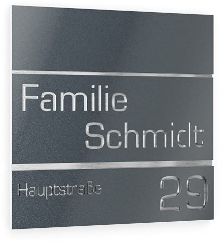 Graviers Design Plaque Numéro de Maison et Nom | Chiffres et lettres personnalisables | 380 x 380 mm Gris anthracite métallisé | Acier inoxydable | Fabriqué en Allemagne