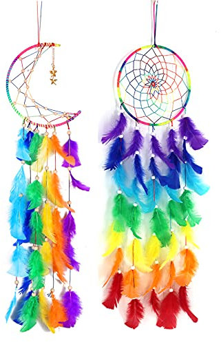 DUGYIRS 2 Stück Traumfänger Handgemachte Häkelarbeit Farbe Feder Dream ​Catchers Wandkunst Dekorationen für Home Ornament Mädchen Festival Geschenke