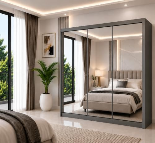 IE INTERIOR EMPORIUM Modern Milan Double Mirror Sliding Door Wardrobe in 6 Sizes& 4 colors (250cm, Grey)
