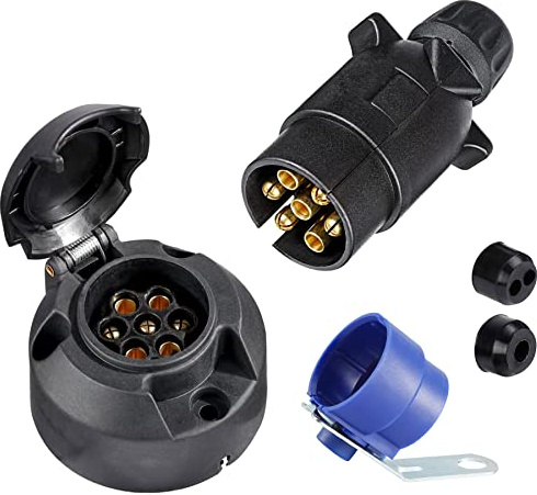 SPARKMOTO 7-Polig Anhänger Stecker und Steckdose Set, 12V Wasserdicht mit Blau Steckerhalter für Wohnwagen LKW KFZ PKW (Nuss Kappe)