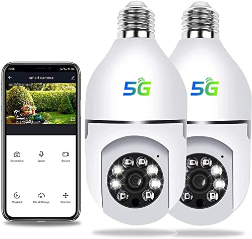 Q&A Light Bulb Camera 360°,1080P Wireless Security Camera with 2.4/5GHz WiFi,E27 Panoramic IP Security Outdoor Indoor PTZ Camera,Night Vision/Motion Detection,2 Way Audio,Cloud Storage/SD Card (2PCS)