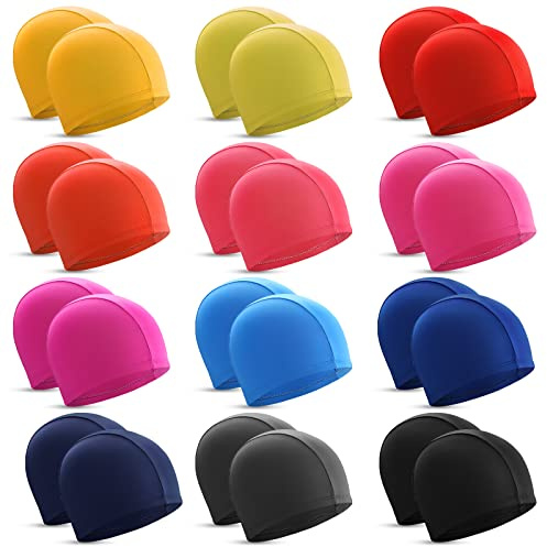 Bonuci 24 Pieces Cloth Elastic Swim Cap Bulk Comfortable Fabric Swimming Hat Elasticity Swimming Pool Cap Lightweight Bathing Caps for Women Men Kids Unisex, Not Waterproof(Multicolor)