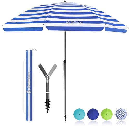 BelleMax Sonnenschirm Strand Windfest Stabil mit Bodenhülse & Schutzhülle 30° knickbar Sonnenschirm klein Rund Strandschirm Gartenschirm Marktschirm Sonnenschutz UV50+ Blaue weiße 160 cm