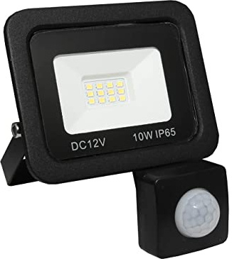 LOWENERGIE 12V DC LED Floodlight, IP65 Outdoor Security Light with PIR Motion Sensor, 10W-50W Garden Solar Flood Lamp, Black (6000K - Day White, 10w PIR)