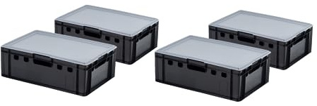 4 Stück E2 Kiste mit grauen Deckel 600 x 400 x 200 mm Fleischkiste Lagerkiste Metzgerkiste in Schwarz