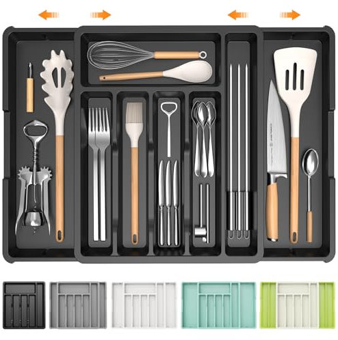 iDavosic.ly Besteckkasten für Schubladen, Erweiterbarer Besteckeinsatz für Schubladen Cutlery 0rganizer Küche, Verstellbarer Besteckhalter Besteck Spoon Gabeln Kunststoff Messer, Schwarz