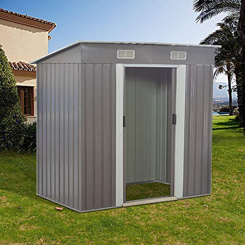 Panana 6 x 4ft Metal Sheds Tool Storage House Metal Garden Apex Roof Storage Box House Doors open on 6FT side (GSGD05GY0106X4), GSGDSEEN6X4