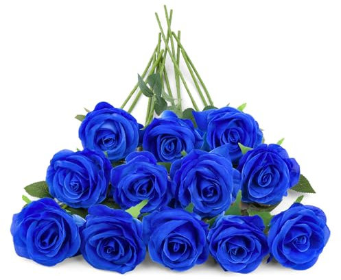 12 Stück Blaue Kunstblumen, Einzelne Langstielige Blaue Rosen Realistisch und Natürlich, Blaue Künstliche Rose für Zuhause Tisch Hochzeit Hotel Büro Party Hochzeits Dekoration.