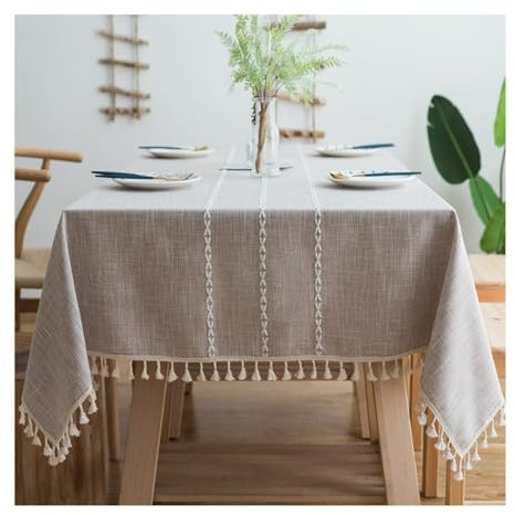 Epinki Tischdecken 90x90CM, Tischtuch Streifen mit Quaste Polyester, Tischdecke Biertisch Tischbedeckung für Küche Esstisch Dekoration für Esszimmer, Garten, Party, Hochzeiten, Hell Kaffee