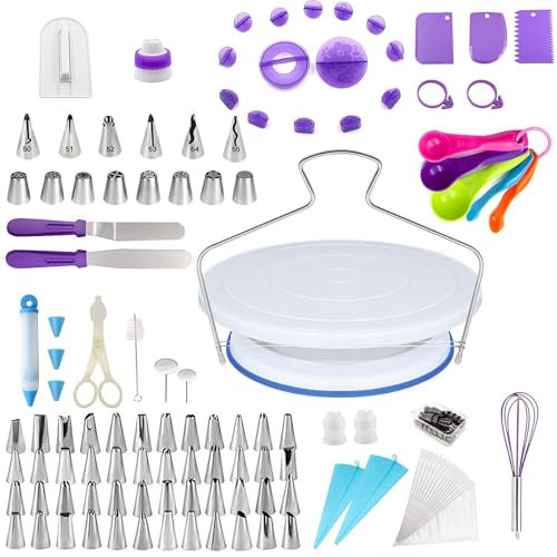 137-teiliges Kuchen-Drehteller-Set für Anfänger und Profis, Tortenplatte Drehbar 11 Inch, Streichpalette, Tortenschneider, Spritzbeutel mit Tüllen,Teigkarte, Tortenplatte Drehbar, Tortenschablone