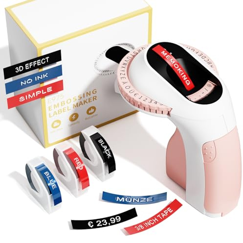 Memoking Étiqueteuse de gaufrage avec 3 Rubans d'étiquettes E975 Embossed Label Printer Machine, 3D Labelling Machine, pour la Maison, Le Bricolage et Les travaux manuels, Cadeaux (£/€, Ä, Ö, Ü)