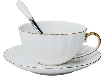 YT-KOKE Tazzine da Caffè in Ceramica Bianca con Bordo Oro, Set Tazza da Tè e Piattini con Manico Oro, Tazzine da Caffè in Ceramica con Piattino, Tazzine da Caffè Espresso (D)