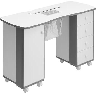 DARDVORLAG Maniküre Tisch Inklusive weißem Staubsauger, Schublade sind einzelne weiße Keramikgriffe mit weißen dünnen Handkissen mit 4 Schubladen auf der rechten Seite (Beige, 47.5cmX76.5cmX120cm)