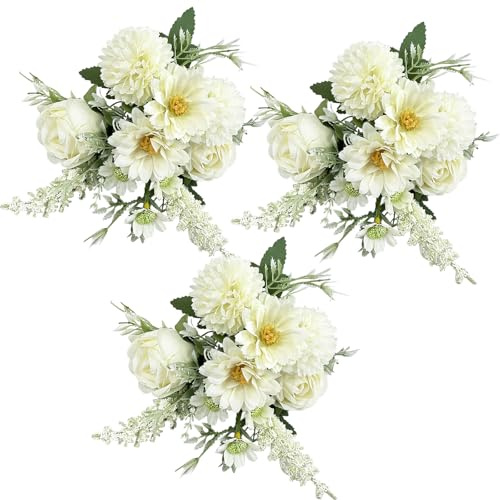 Embhlitfe 3 Bündel Kunstblumen Seidenblumen Fake Blumen Deko Löwenzahn Rose Künstliche Pflanzen Blumen für Hochzeit Home Party Arrangement Hotel Garten Dekoration (Weiß)