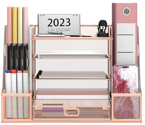 SUPEASY Gitter - Schreibtischorganizer mit Dateienhalter, 5 - Schichten - Papier - und Briefkastenträger mit Magazinehalter, Schreibtischorganizer und -lagerung mit Schublade, Rose Gold