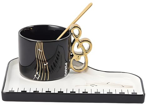 Cute Musical Piano Coffee Mugs Handles Luxury Saucer Spoon Unique Funky Ceramic Cup for Women Men Gift Ready Tea Cappuccino Espresso Americano Latte Box Set Gold Notes Key Tray Music Lovers (Black)