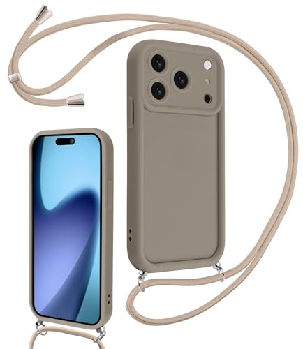 Coalbooliy Coque pour iPhone 17 Pro Max 6,9 avec Cordon de Collier Réglable, Etui Protection de la Caméra Silicone Souple TPU Antichoc Housse avec Corde Lanyard Cover pour Femmes Filles, Kaki