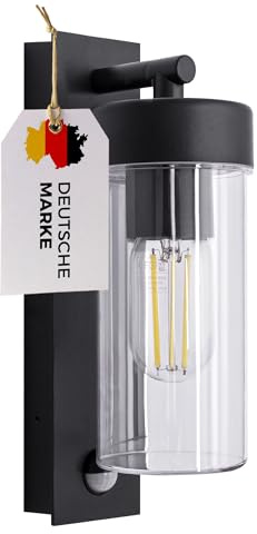 Maxkomfort LED Außenwandleuchte mit Bewegungsmelder E27 Schwarz IP44 – Sensor-Wandlampe aus Aluminium & Kunststoff für Außenbereich, 230V, automatische Lichtsteuerung 4052B