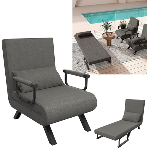YUENFONG 3 in 1 Schlafsessel Schlafsofa Relaxsessel mit Bettfunktion, Klappbett mit 5-Stufig Verstellbarer Rückenlehne & Rückenkissen, Sofabett Klappsessel Bis 200kg, Dunkelgrau