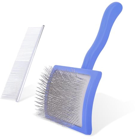 Slicker Brush with Comb for Dogs, Self-Cleaning Dog Grooming Brush with Long Pins & Rubber Round Tips Deshedding Comb for Long Hair Pets Cats Remove Tangles Knots (Blue)
