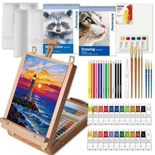 Artbreezing Kunstset mit Staffelei, Komplettes Malset mit Malmaterial | 55-tlg. Kunstset Alles-in-Einem, Tischstaffelei, Sortiertes Malmaterial, Ideales Geschenk für Erwachsene und Kinder