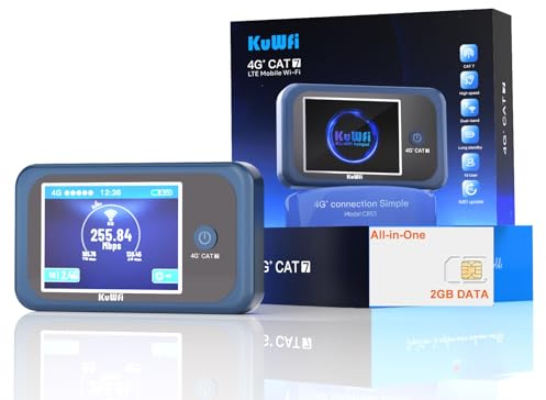KuWFi Cat7 Mobiler WLAN-Router, AC1200, für Reisen & Outdoor | 4G+ LTE Cat7 bis 300 Mbit/s, Dual-Band, Band Locking, 3000mAh Akku, USB-C, SIM-Karten-Router