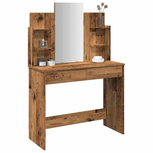 HaoChrymec Toletta con Specchio in Legno Effetto Recuperato, Vanity Desk for Makeup con 2 Cassetti e Ripiani, Toilette da Trucco Moderna, Postazione Trucco per Camera da Letto, 96x39x142 cm