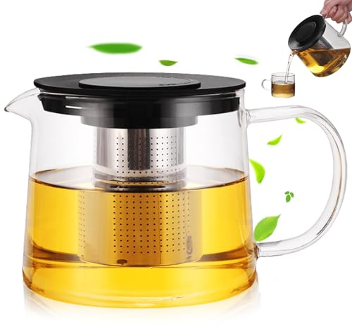 Teiera in vetro borosilicato, 1 l, teiera in vetro, con colino in acciaio inox, protezione da surriscaldamento, caraffa in vetro con coperchio per tè sfuso, tè alla frutta, tè profumato, trasparente