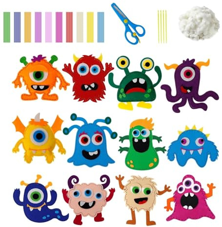 txuzong Nähset für Kinder mit Monster-Design – 12 Stück Komplettset inklusive Füllwatte, Plastiknadeln & vorgefertigten Filz-Figuren – Kreativ Bastelset für Jungen und Mädchen, DIY Handwerk Geschenk