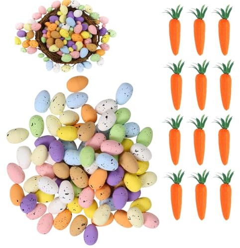 CFEWV 50 Stück Mini Ostereier mit 12 Karotten, Bunte Ostern Deko Basteln für Osterparty und Osterschmuck zum Selbermachen, Dekorative Ostereier für Osternest, Tischdeko und DIY Frühlingsdekoration