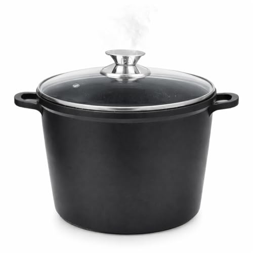 Pentolone Spaghettiera Antiaderente Effetto Pietra Lavica – Pentola Grande per Pasta e Spaghetti, Adatta a Induzione e Gas, Coperchio in Vetro Temperato e Manici Removibili in Silicone (28CM/10,5L)