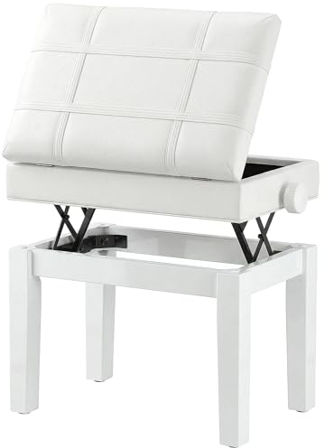 HOMCOM Banco de Piano, Banco de Teclado Regulable en Altura de Madera Sólida, Taburete Piano con Compartimento Oculto, Asiento Acolchado de poliuretano, Estable y antideslizante, Carga 150 kg, Blanco