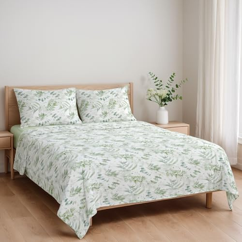 Etrexonline Juego de Sábanas 4 Piezas para Cama de 150 cm - Microfibra Suave y Transpirable, Incluye 1 Bajera Ajustable, 1 Encimera y 2 Funda de Almohada - Color Hojas Verdes Acuarela