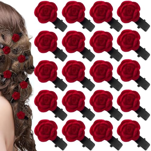 20 Pezzi Accessori Capelli Sposa con Roselline, Fermaglio Capelli Donna Elegante per Cerimonia e Comunione, Mollette Capelli con Fiori Rosso Bordeaux, Decorazioni Acconciatura Sposa