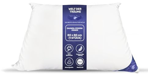 Welt der Träume Daunenkissen | 80x80 cm | Füllgewicht: 1100 Gramm | 100% Baumwolle | Kopfkissen 80x80 Daunen | Federkissen | kein Lebendrupf | weiß | 1 Stück