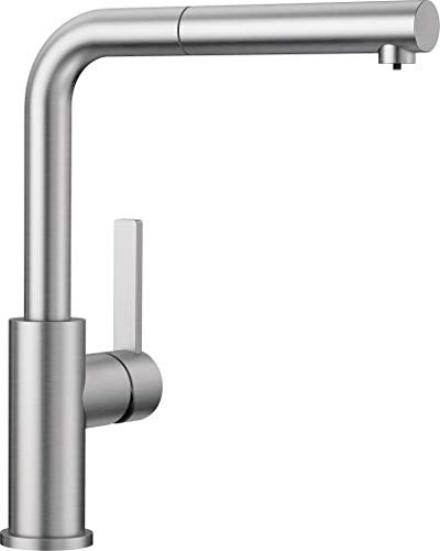 BLANCO LANORA-S | Küchenarmatur aus massiv Edelstahl | Niederdruck | Mit herausziehbarem Schlauch | Rückflussverhinderer | Keramik Kartusche | Gesicherte Wasserqualität & wassersparend