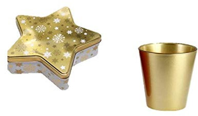 Merry Metalldose in Sternform XL 23x6,1cm Gold glänz. mit Schneeflocken verziert + 4 Gold Becher