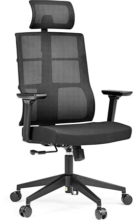 hjh OFFICE 810029 Professionell kontorsstol SPINIO PRO tyg svart Arbetsstol med nätryggstöd, höj- och sänkbart huvudstöd och ryggstöd