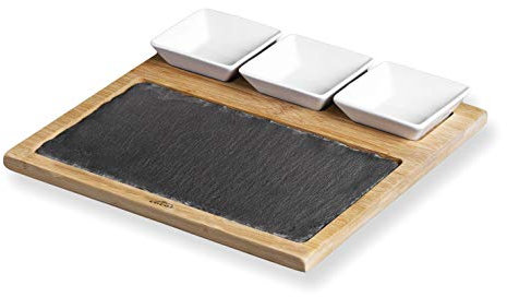 Lacor 61042 - Tabla Pizarra & Bambú con cuencos cerámicos para salsas, 28x28x1'5 cm