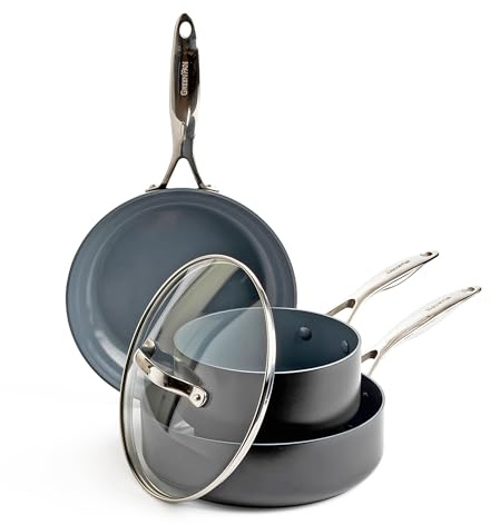 GreenPan Valencia Pro 4-delars non-stick keramisk hård anodiserad keramisk stekpanna, PFAS-fri, induktion, diskmaskinsäker, ugn, grå