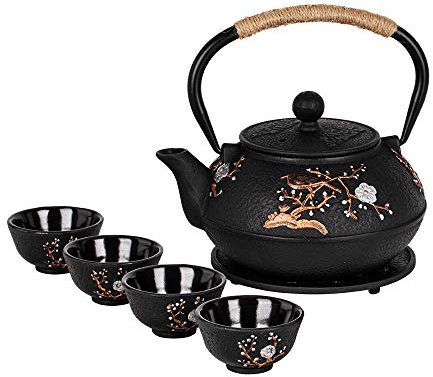Teiera in ghisa con sottopentola in stile giapponese Tetsubin con infusore in ferro, set regalo per adulti padre madre famiglia (nero, gazza sul prugna)