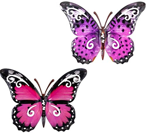 CIM Metall Wand-Deko - Schmetterling 2er Set - Pink/Violett 24cm - tierische 3D Wandbilder - Wandschmuck inkl. praktischer Wandbefestigung - Lebhafte Wandskulptur